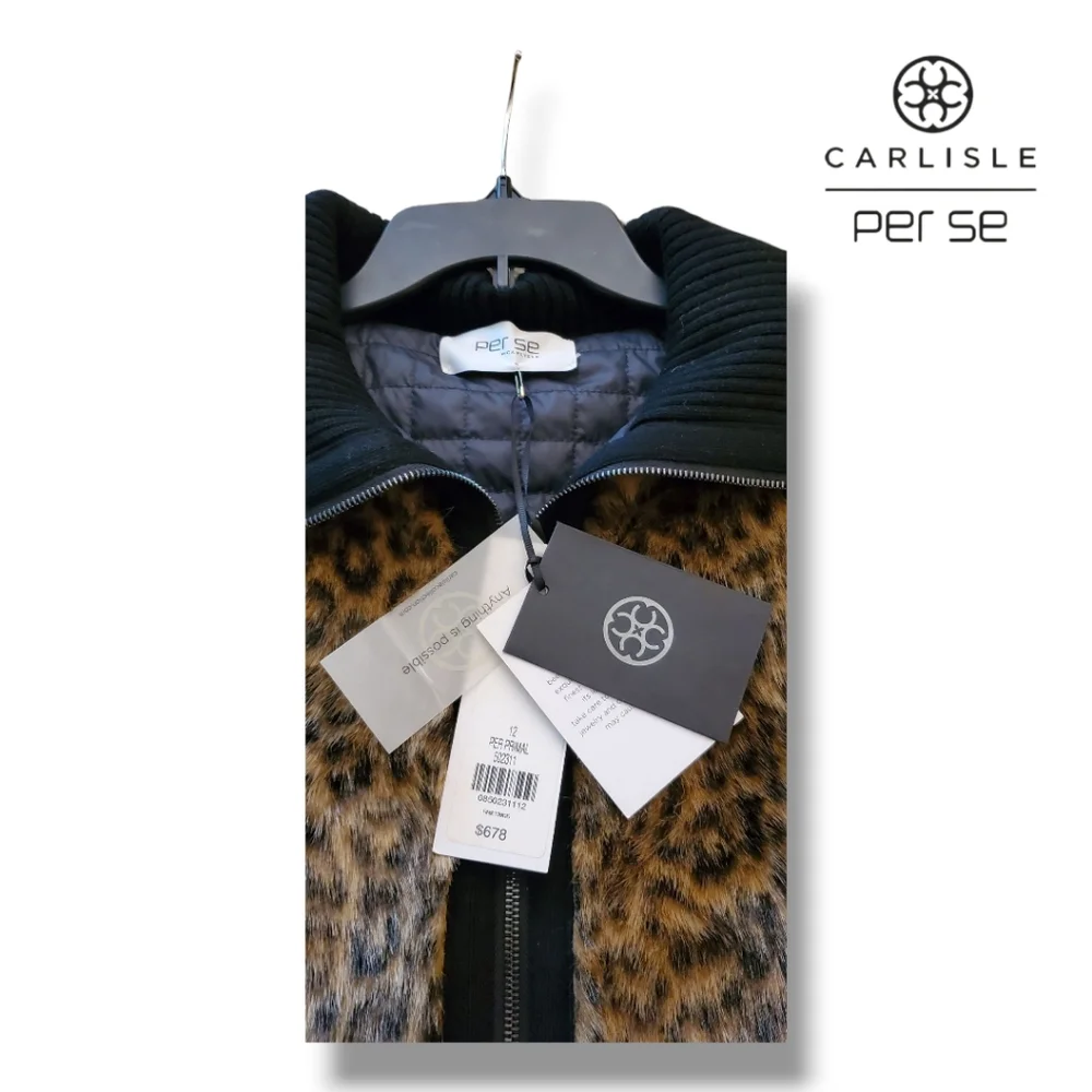 Per Se Carlisle Collection Faux Fur Leopard Print Vest with Zippered Pockets - Picture 3 of 10